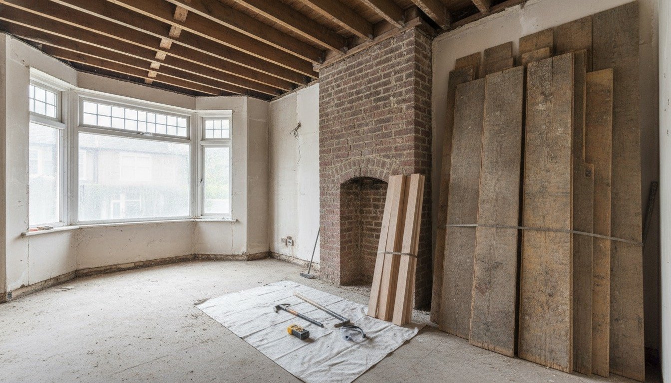Stack of weathered reclaimed pine floorboards beside planed new redwood battens in a bare Victorian front room with exposed joists