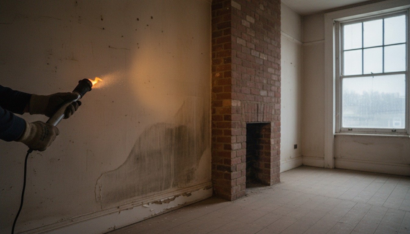A buyer shining a torch on damp staining above the skirting board of an empty Victorian terrace room