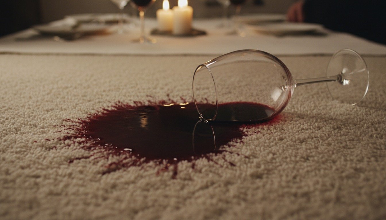 Glass of red wine tipped over on a cream carpet with fresh stain