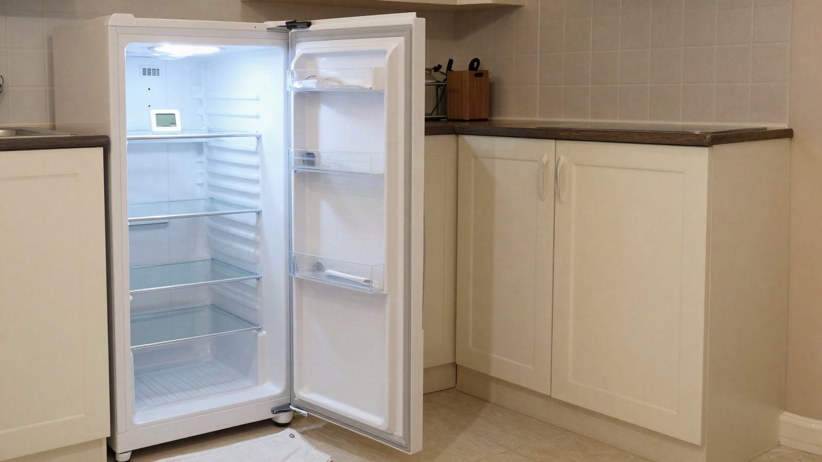 An open white fridge-freezer in a British kitchen with a digital thermometer on the middle shelf and the rear condenser grille visible beside it