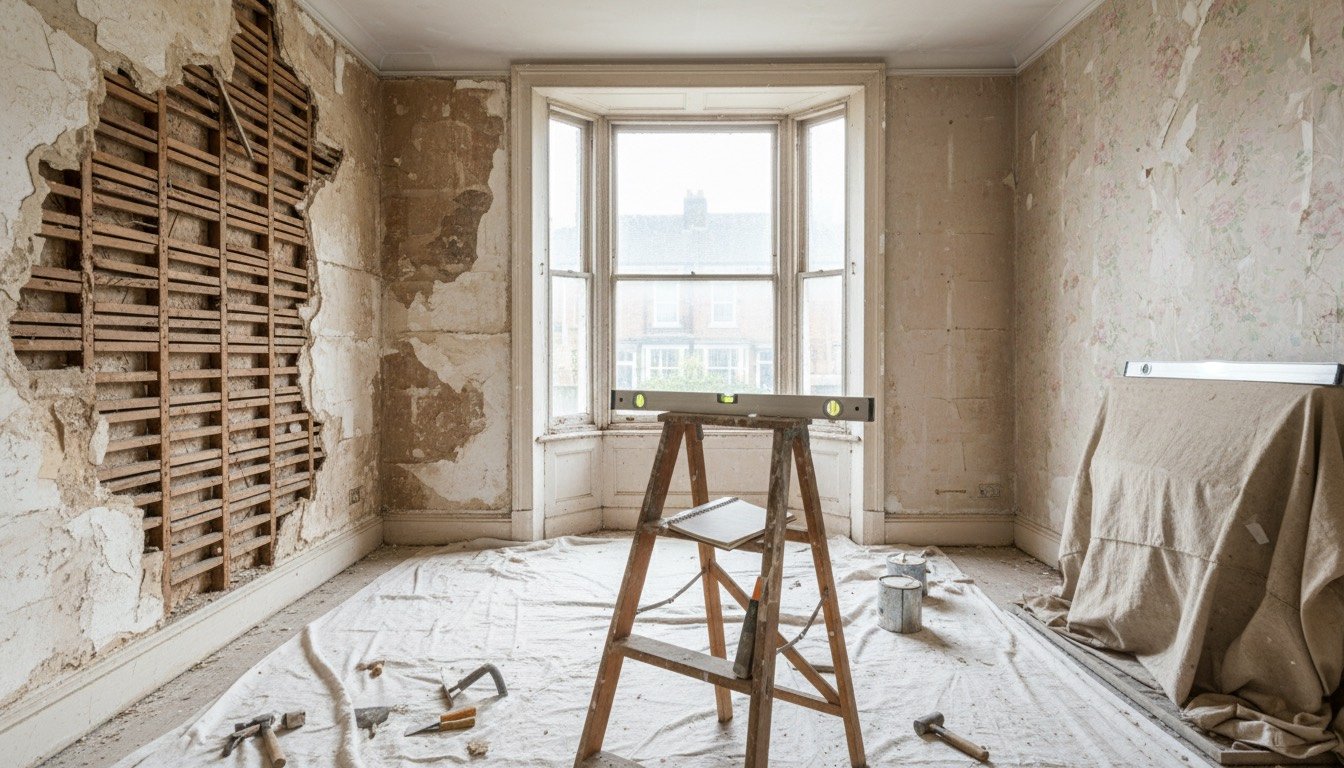 A stripped-back Victorian front room with exposed lath and plaster, a bare timber sash window and a notebook of costs on a dust-sheeted floor