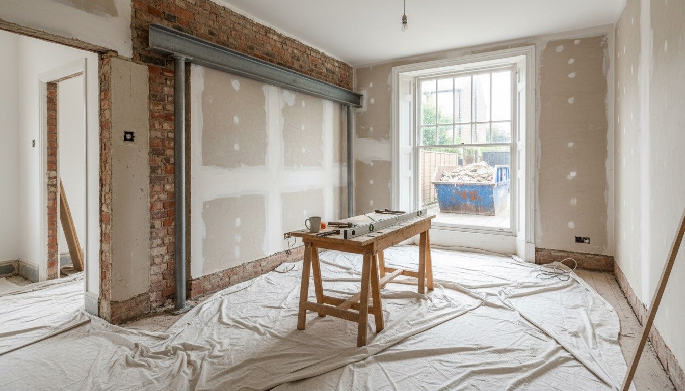A partly stripped Victorian terrace kitchen with a steel beam above a newly opened wall, dust sheets over floorboards and a spirit level resting on a workbench