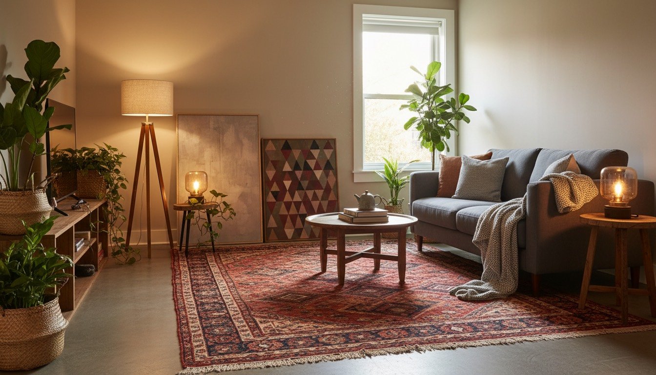 Cosy rented living room personalised with rugs, lamps, plants and leaning art