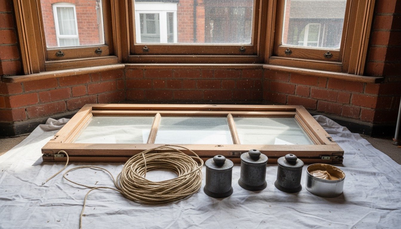 Original timber box sash window on a Victorian terrace being overhauled, with the lower sash removed and sash cords, weights and putty laid out on a dust sheet.