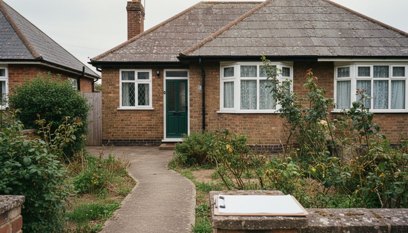 A pitched roof of concrete interlocking tiles on a British semi-detached house, with a mortar-bedded ridge, brick chimney stack and lead flashing seen from ground level