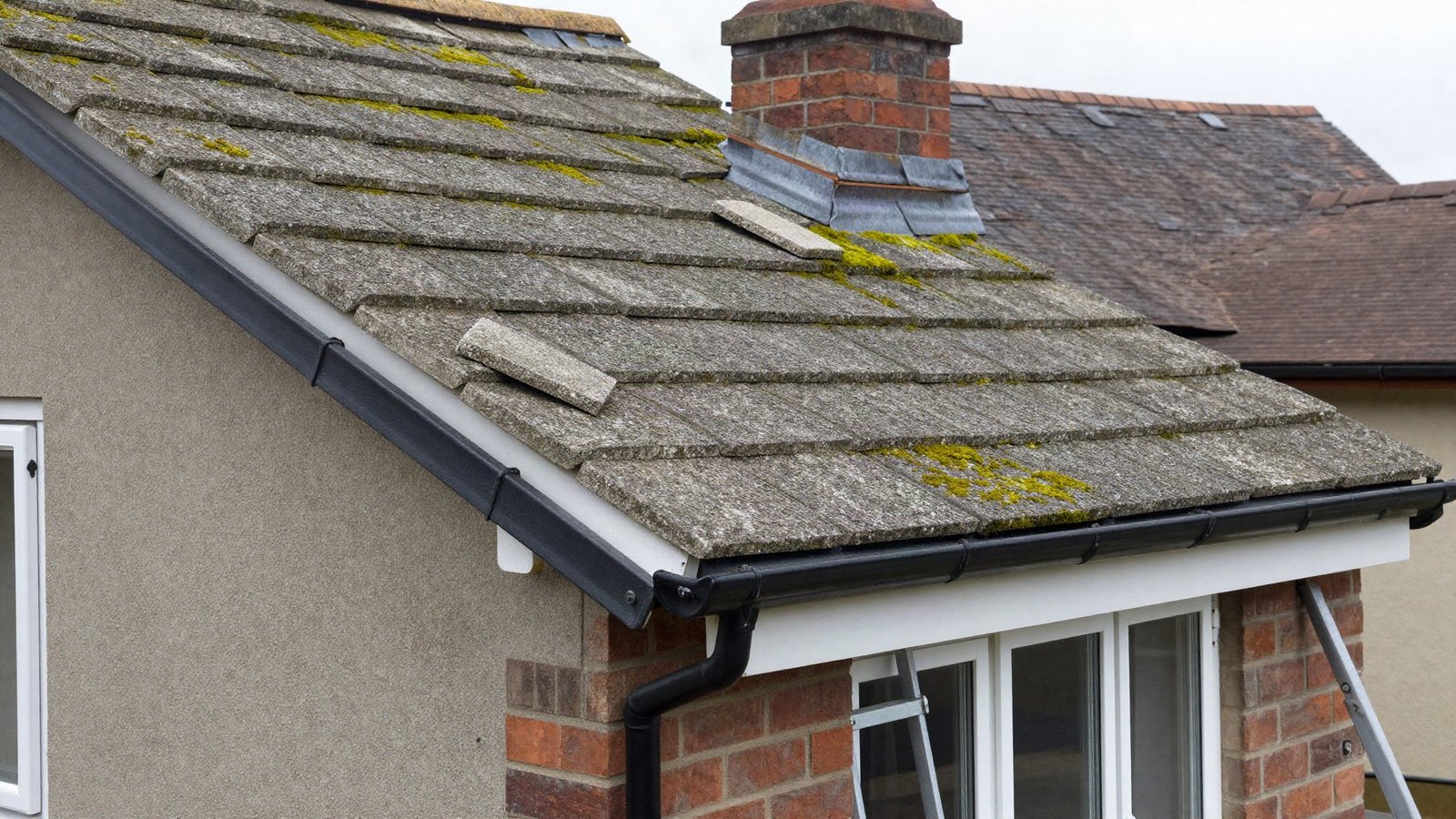 Rear roof slope of a UK semi-detached house showing concrete interlocking tiles, a slipped tile, moss on the shaded side and a chimney stack with lead flashing