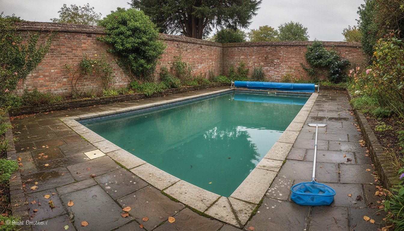 A rectangular outdoor swimming pool in a walled British garden with stone coping, a blue solar cover on a reel and a red brick boundary wall behind