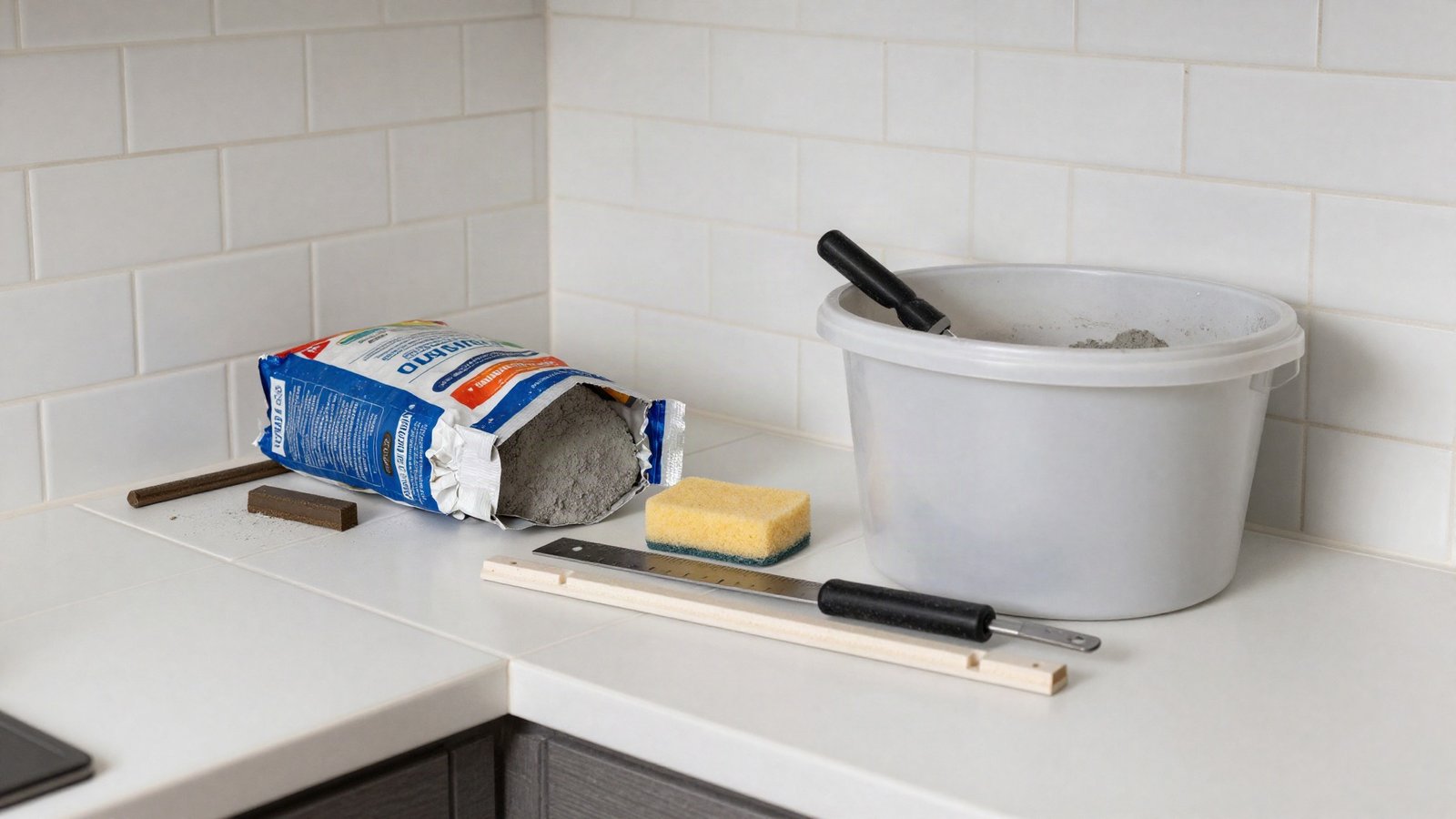 Two open bags of tile grout, a rubber grout float, bucket and sponge beside a part-grouted white metro tile splashback in a UK kitchen