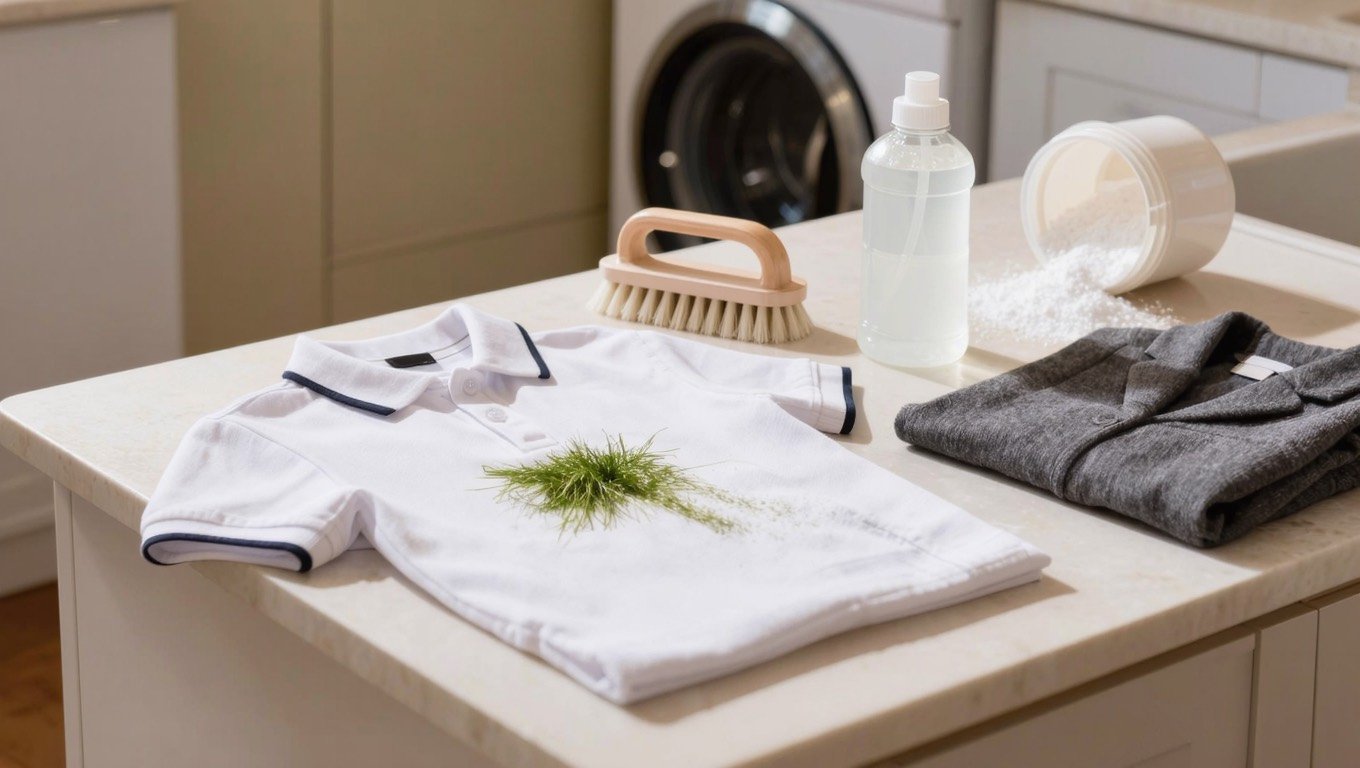 White school polo shirt with a grass stain laid on a utility room counter next to stain treatment supplies and a grey school jumper
