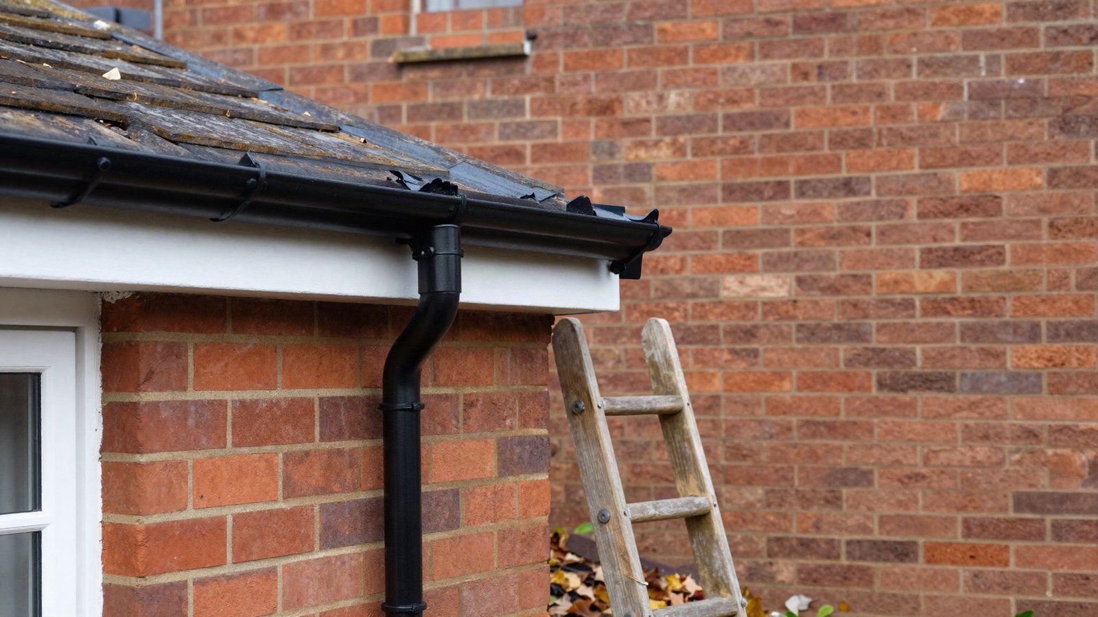 Black aluminium ogee guttering and a round downpipe on the white fascia of a red-brick British semi-detached house, with wet autumn leaves on the paving below