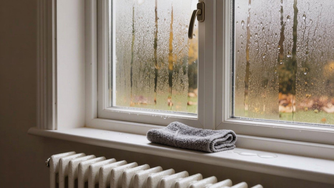 Condensation beaded on the inside of a uPVC double-glazed window on a cool September morning, with droplets pooling on the white sill