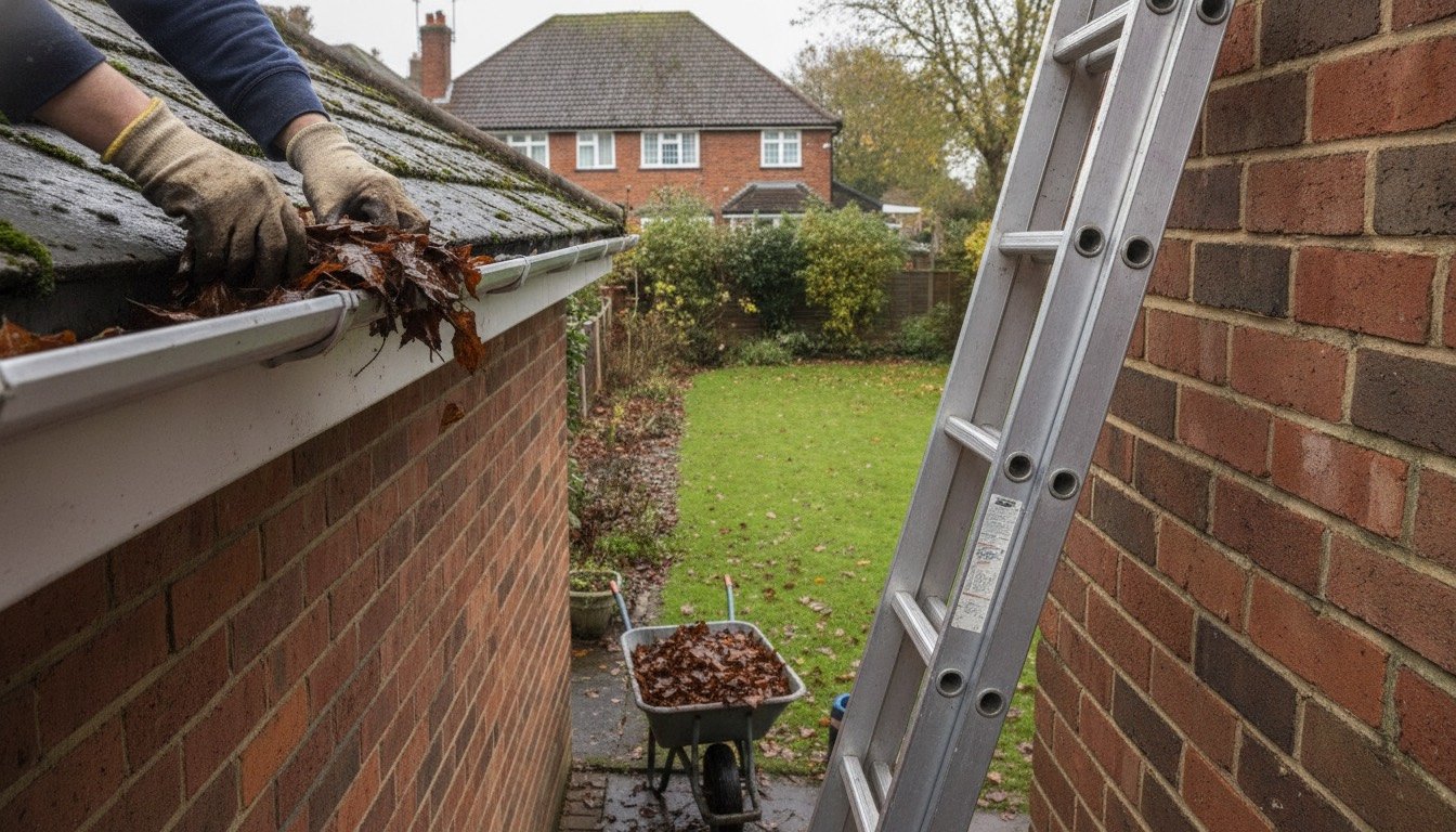 Gloved hands clear wet autumn leaves from a white gutter on a UK brick house, with a ladder and a wheelbarrow of leaves below.