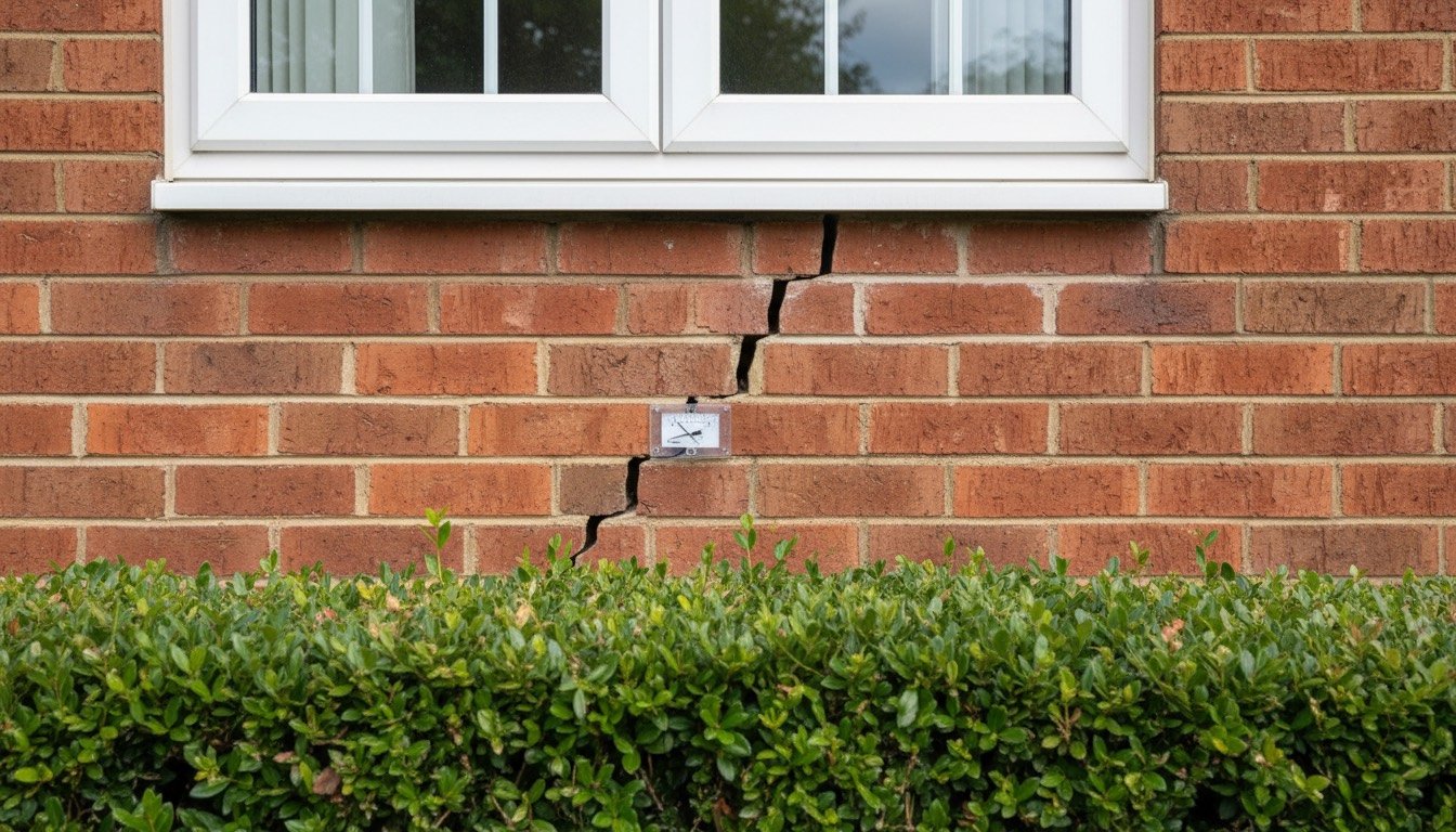 A diagonal stepped crack running through the mortar joints of a brick wall beside a window on a UK semi-detached house