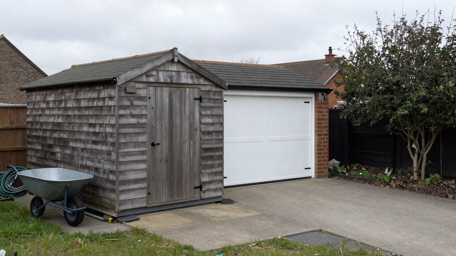 A pressure-treated timber garden shed on a paved base beside a rendered single garage with an up-and-over door in a British back garden