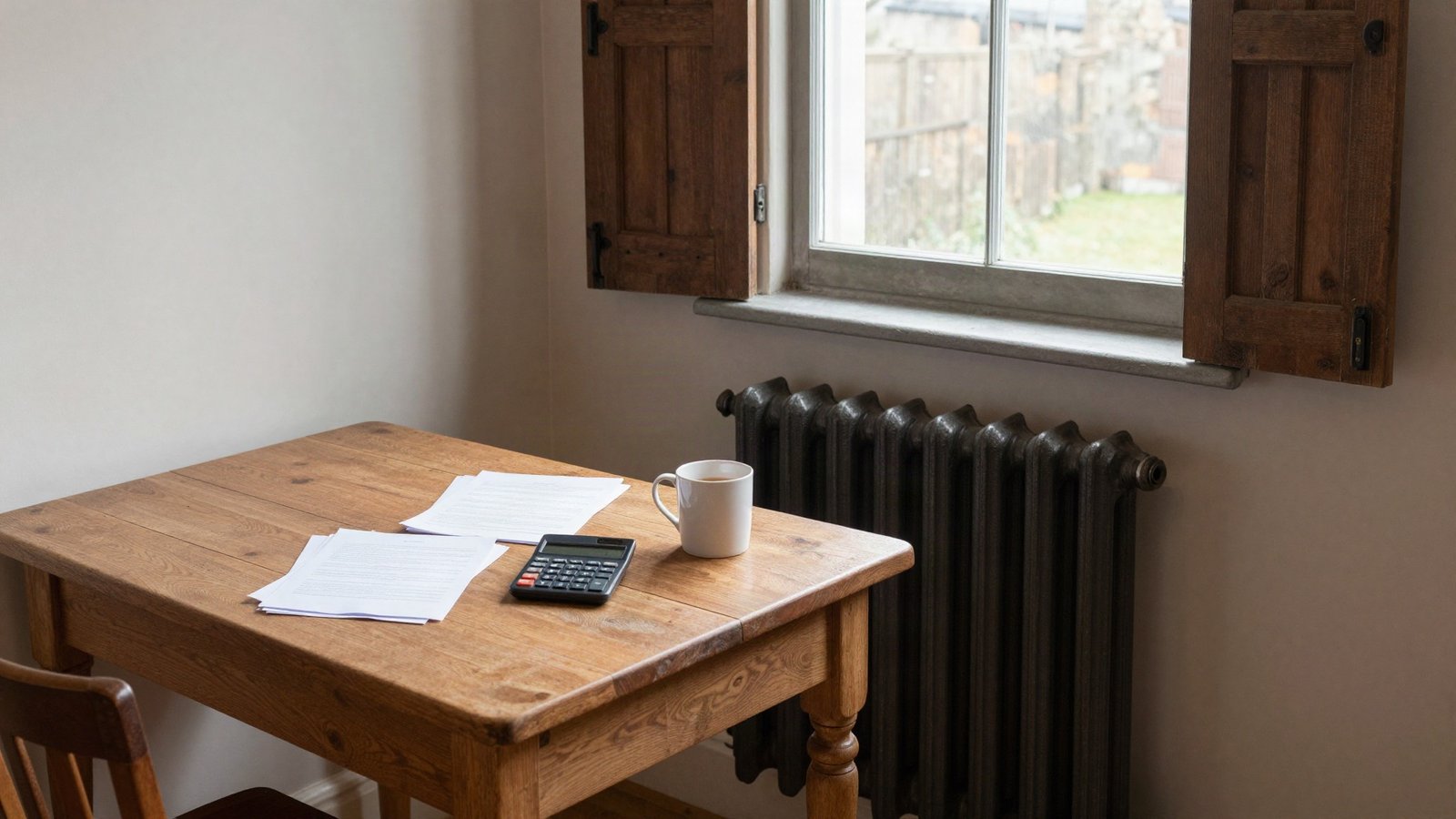 Energy bill paperwork and a calculator on a kitchen table beside a cast iron radiator in a Victorian terraced home