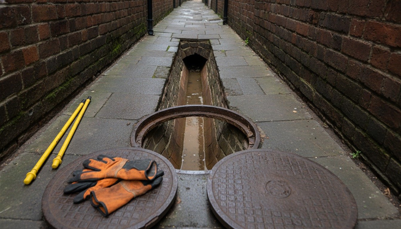 An open cast-iron inspection chamber in a Victorian terrace side passage, showing brick benching and a half-full clay channel, with drain rods laid on the paving beside it