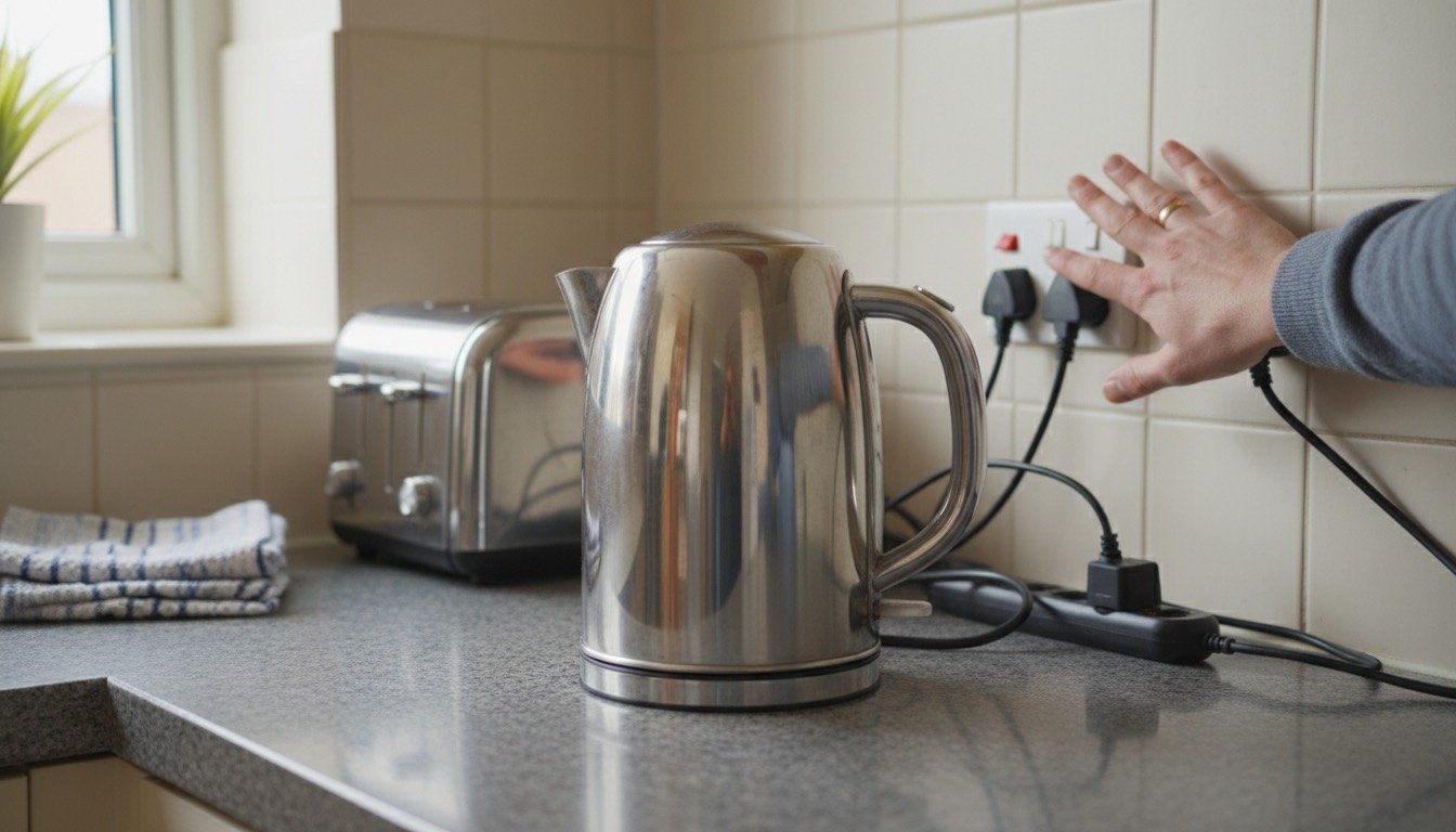 A hand checking the temperature of a double socket behind a kitchen worktop, with a kettle and toaster plugged into an extension lead