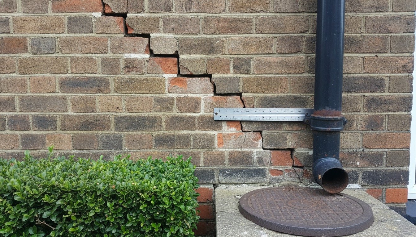 Close-up of a stepped diagonal crack running through the mortar joints of a red brick Victorian terrace wall beside a downpipe
