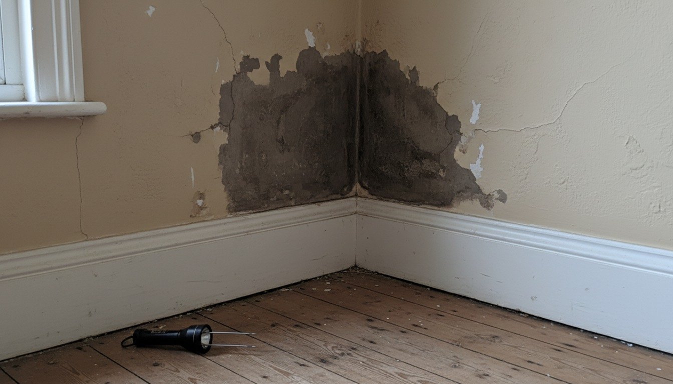Blistered emulsion and a dark tide mark on a wall above white skirting board in a UK living room, with a pin moisture meter resting on the floorboards
