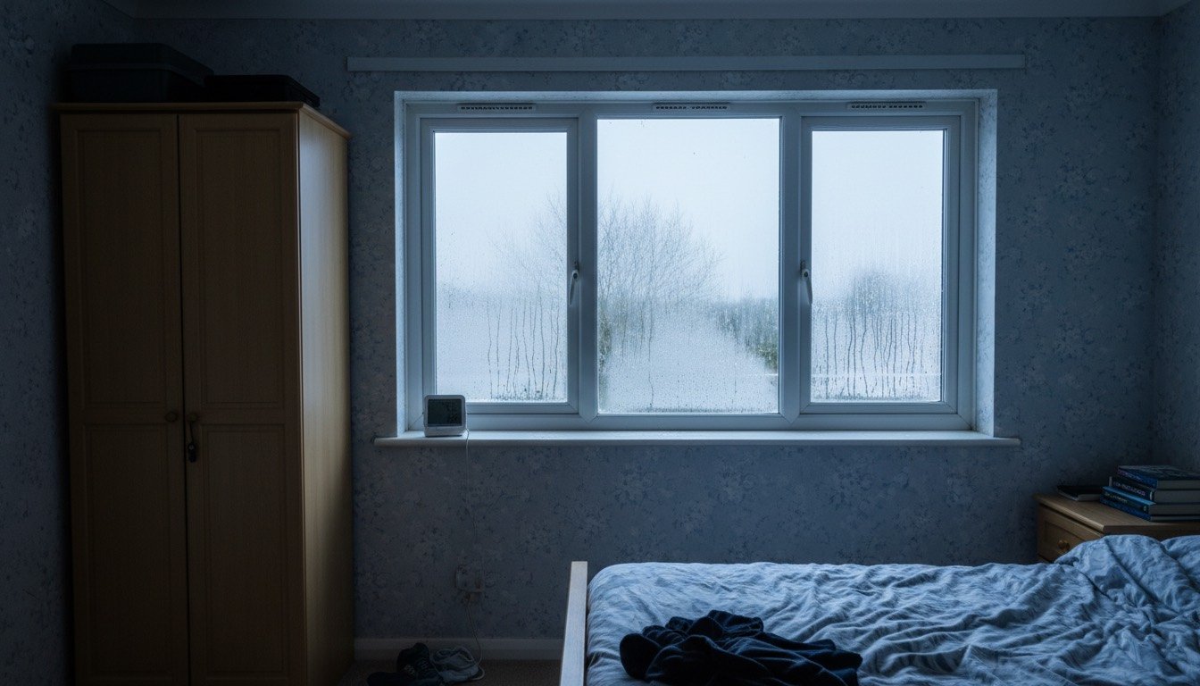 Condensation running down the inside of a uPVC double-glazed bedroom window on a cold UK morning, with a digital hygrometer on the sill