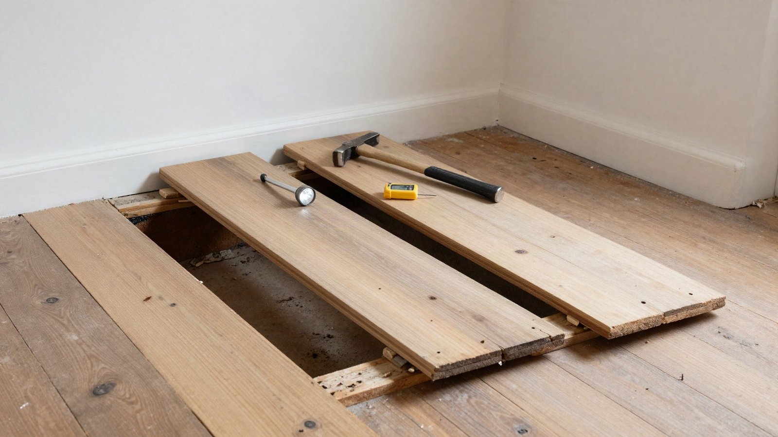 Two lifted floorboards in a UK living room revealing dark timber joists below, with a torch and moisture meter resting on the surrounding pine boards