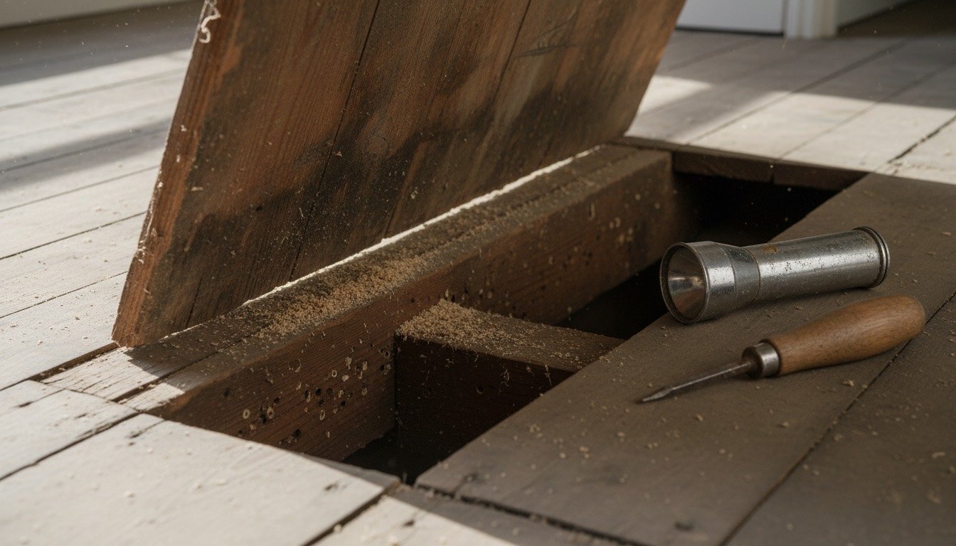 Close-up of exit holes and pale frass powder on an exposed timber floor joist under a lifted floorboard in a Victorian terraced house