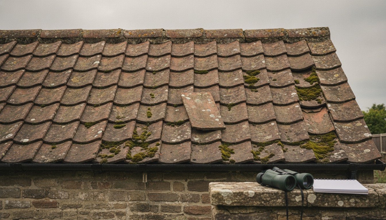 Weathered clay tiled roof on a British terraced house showing one slipped tile and patches of moss, with binoculars resting on a garden wall in the foreground