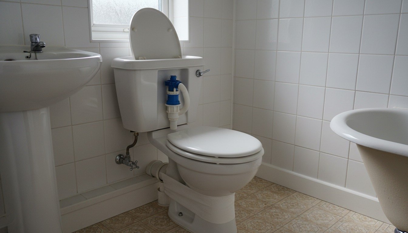 A close-coupled white ceramic toilet in a small UK bathroom, with the cistern lid removed and a torch resting on the floor beside the pan
