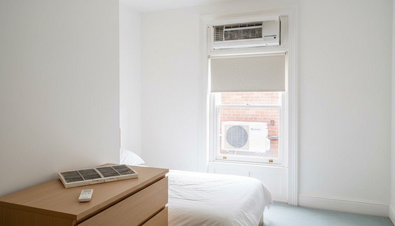 Wall-mounted split air conditioning unit above a chest of drawers in a British bedroom, with the filter panel open and the outdoor condenser visible through the window