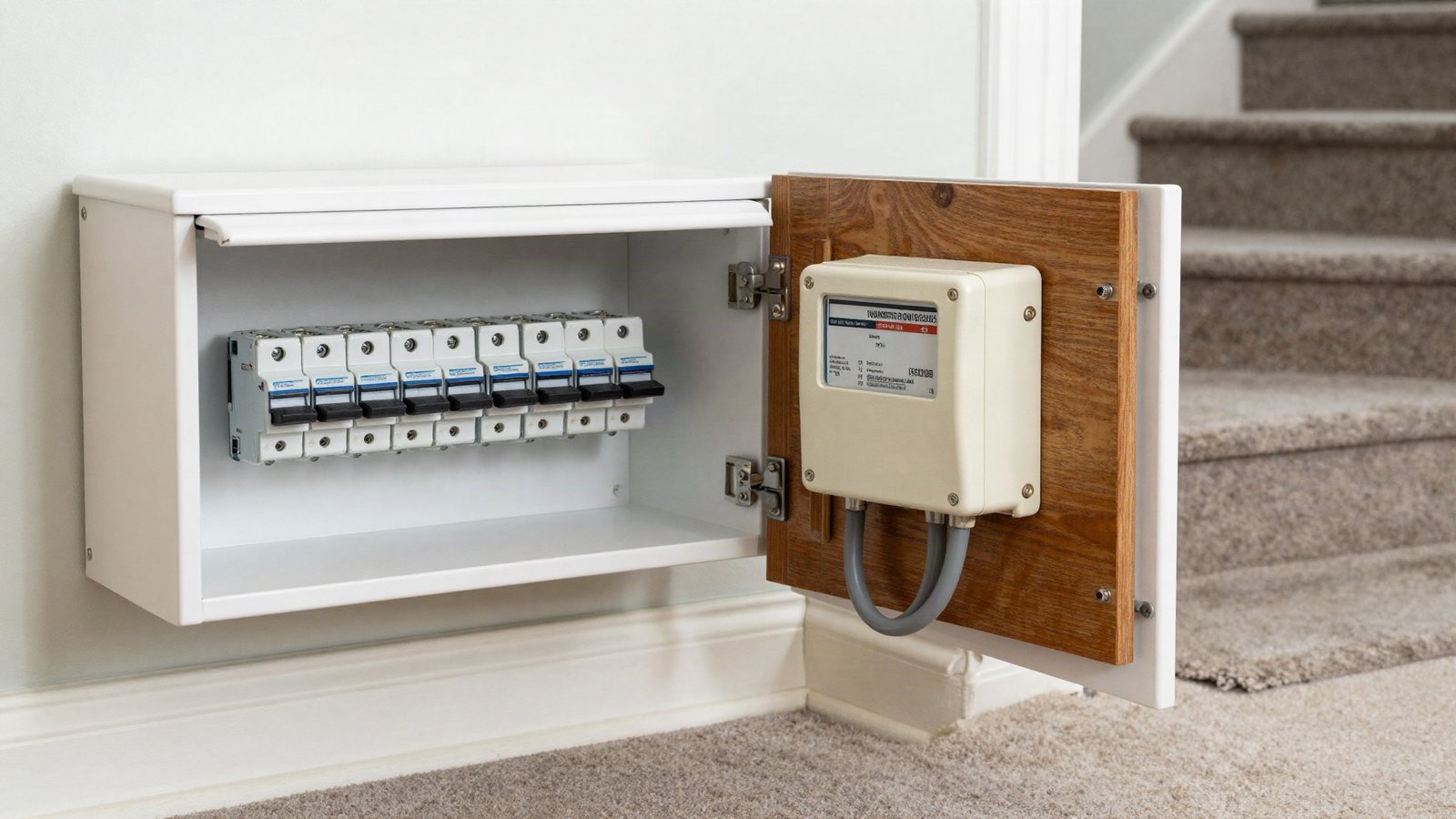 An open modern metal consumer unit with rows of circuit breakers and RCDs mounted in a UK hallway cupboard, next to an older cream rewireable fuse box on a wooden backboard