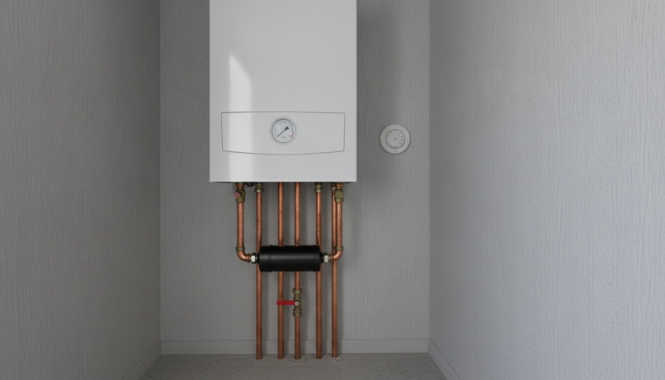 Wall-mounted condensing combi boiler in a UK utility cupboard with copper pipework, pressure gauge and a magnetic system filter