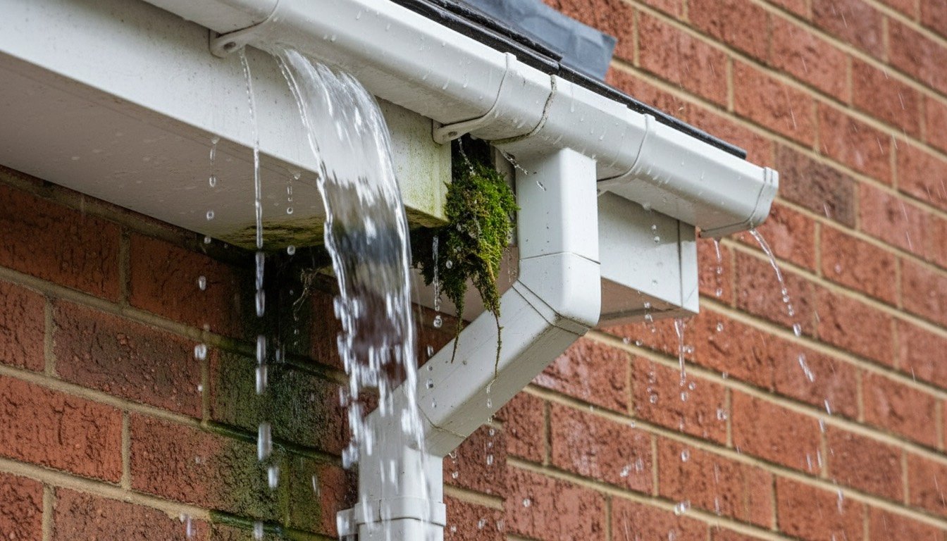 Sagging white uPVC guttering overflowing above a stained red brick wall on a British semi-detached house during heavy rain