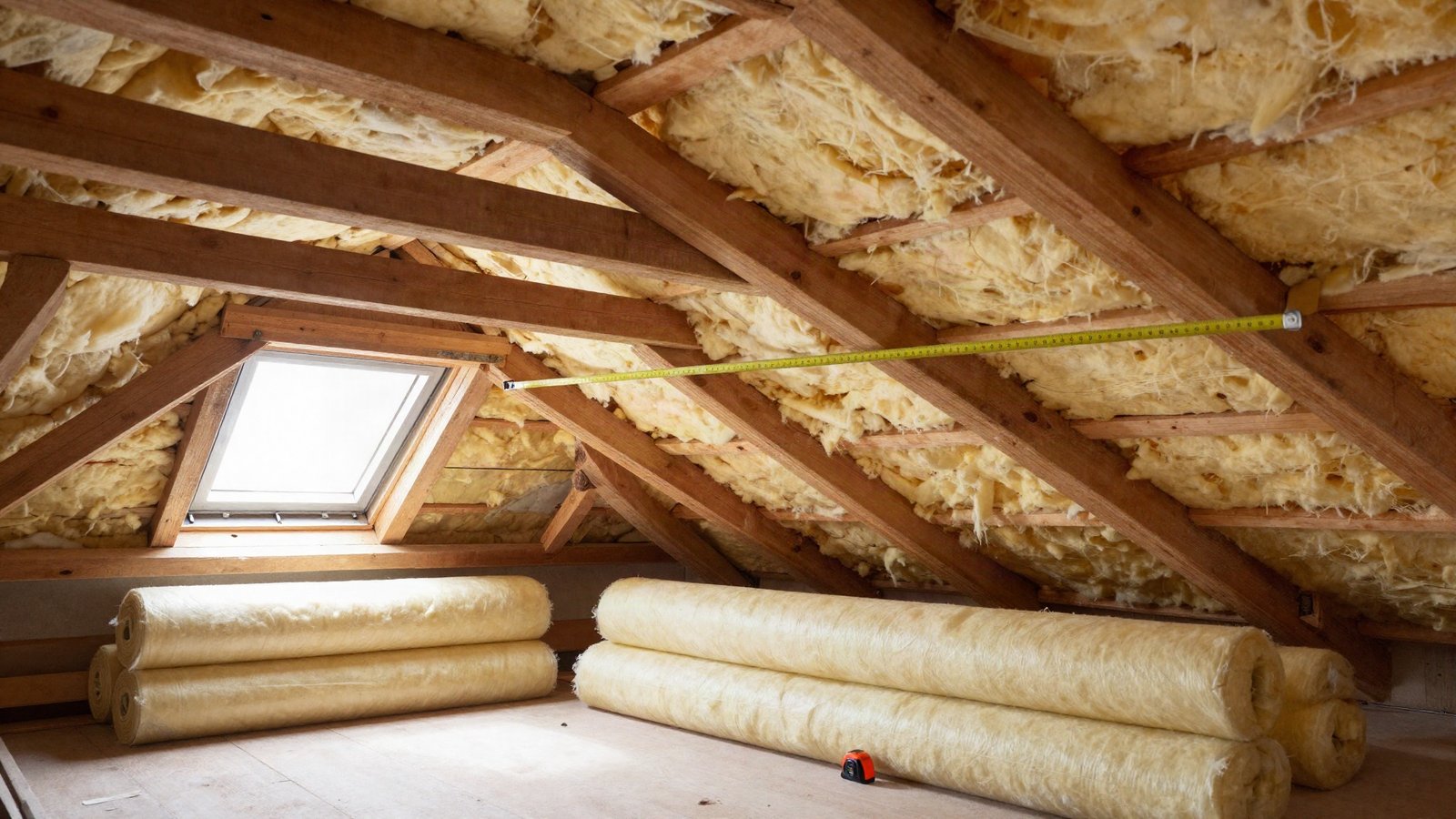 A UK loft space with exposed timber joists, thin old mineral wool insulation and a tape measure showing its depth