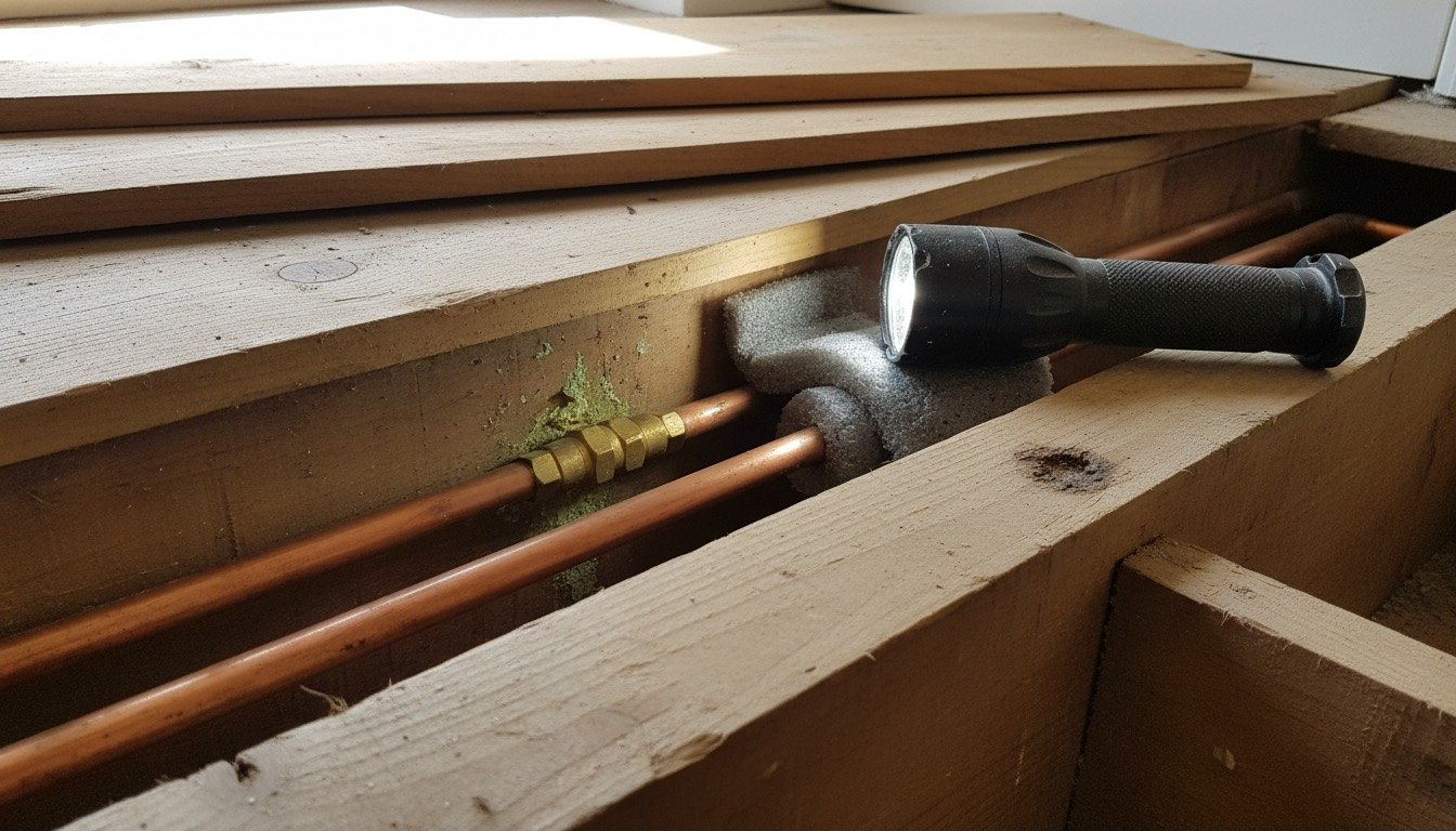 Copper and plastic water pipes running under lifted floorboards in a UK house, with green corrosion staining on one compression joint