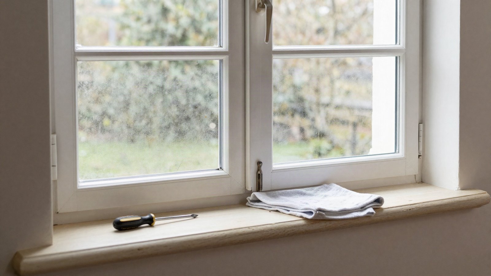 White uPVC casement window in a UK sitting room with a misted lower pane and a weathered timber sill