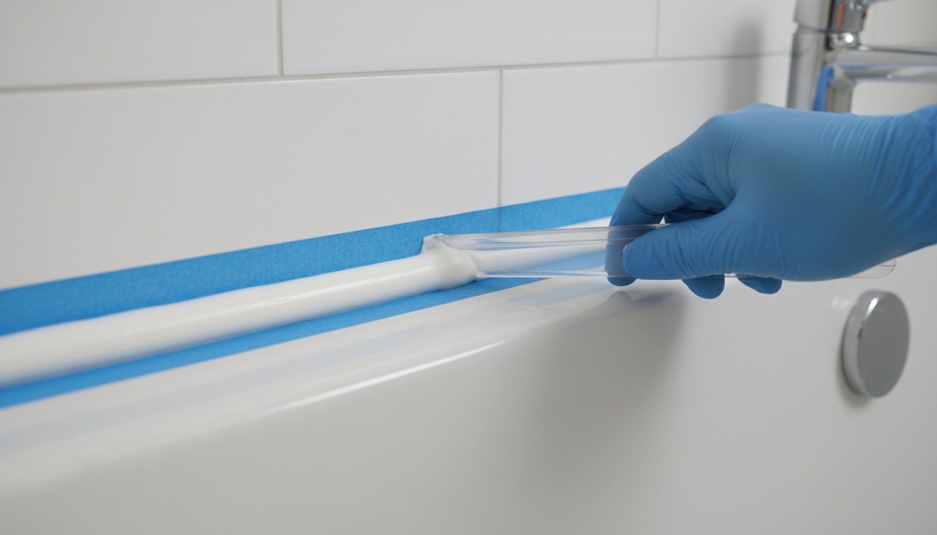 Fresh white silicone bead being smoothed along the edge of a bath