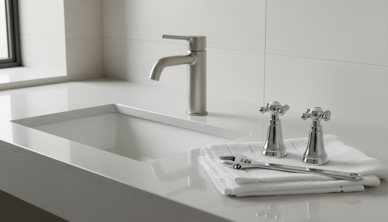 A brushed chrome single-lever monobloc mixer tap on a white ceramic basin beside a pair of traditional cross-head pillar taps