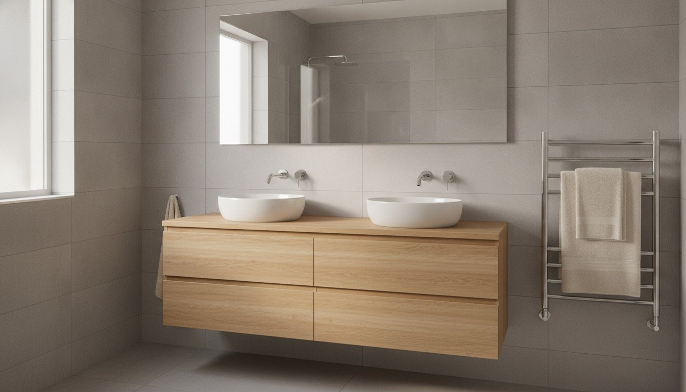 A wall-hung timber vanity unit with twin white ceramic basins and chrome mixer taps below a large mirror in a UK family bathroom