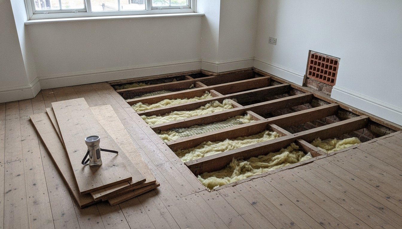 Lifted pine floorboards in a British terraced house revealing timber joists and the ventilated underfloor void beneath, with a terracotta air brick in the outer wall
