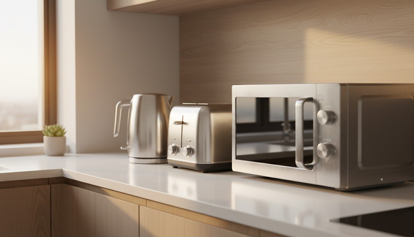 Gleaming kettle, toaster and microwave lined up on a clean kitchen counter