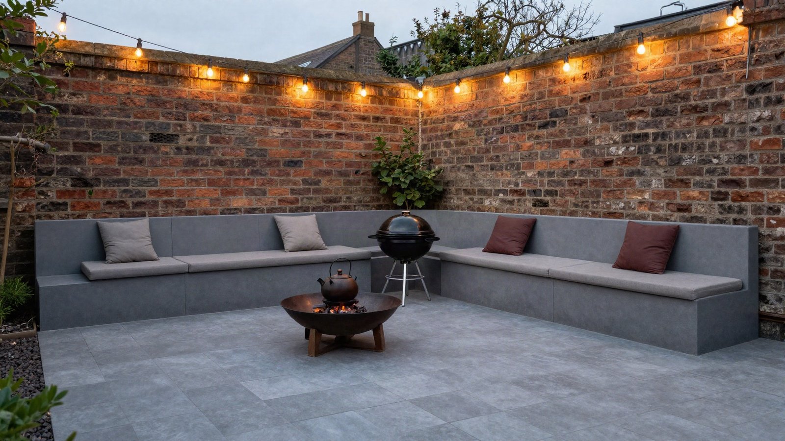 Compact walled UK garden patio with porcelain paving, a built-in rendered bench, a small fire pit bowl and festoon lighting strung overhead