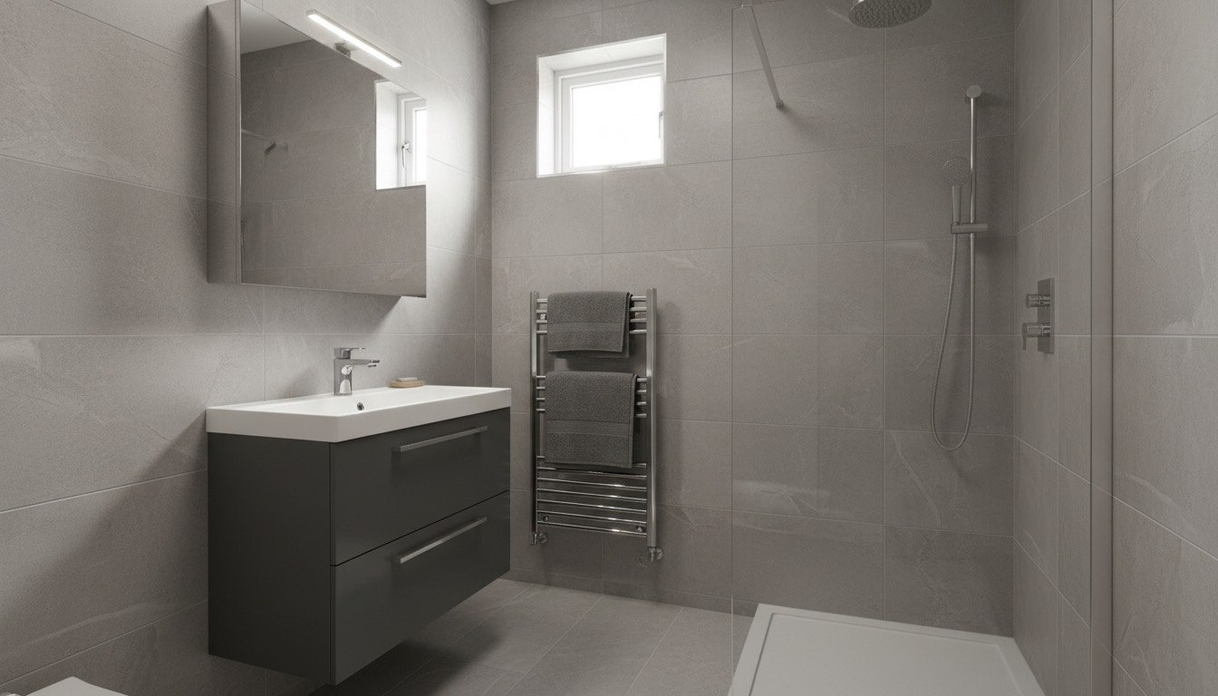 A compact UK bathroom with a wall-hung basin, large-format porcelain wall tiles, a frameless walk-in shower screen and a chrome heated towel rail