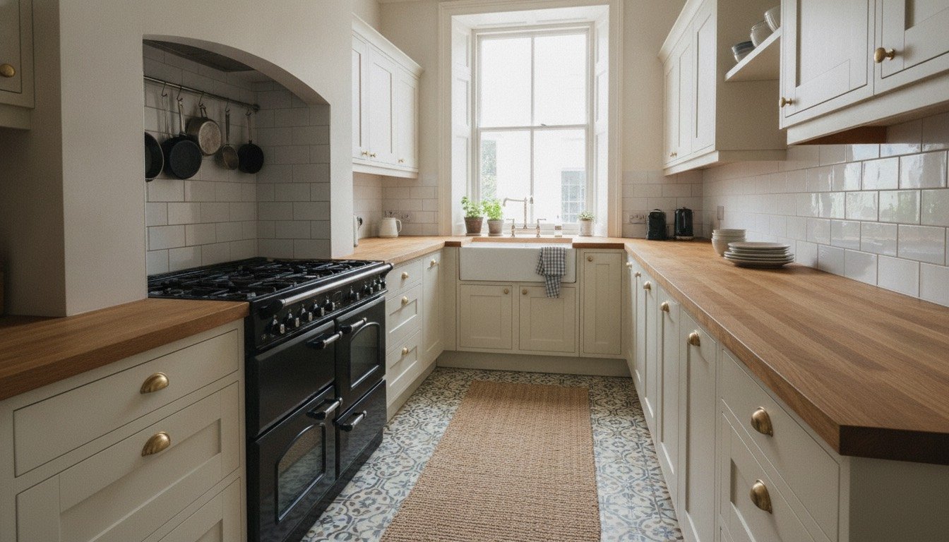 A compact galley kitchen in a Victorian terrace with shaker cabinets, a solid oak worktop and a timber sash window above the sink