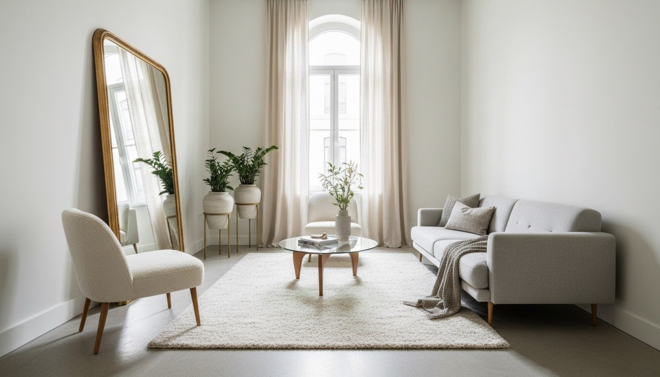 Stylish compact living room with leggy furniture, large mirror and light colours