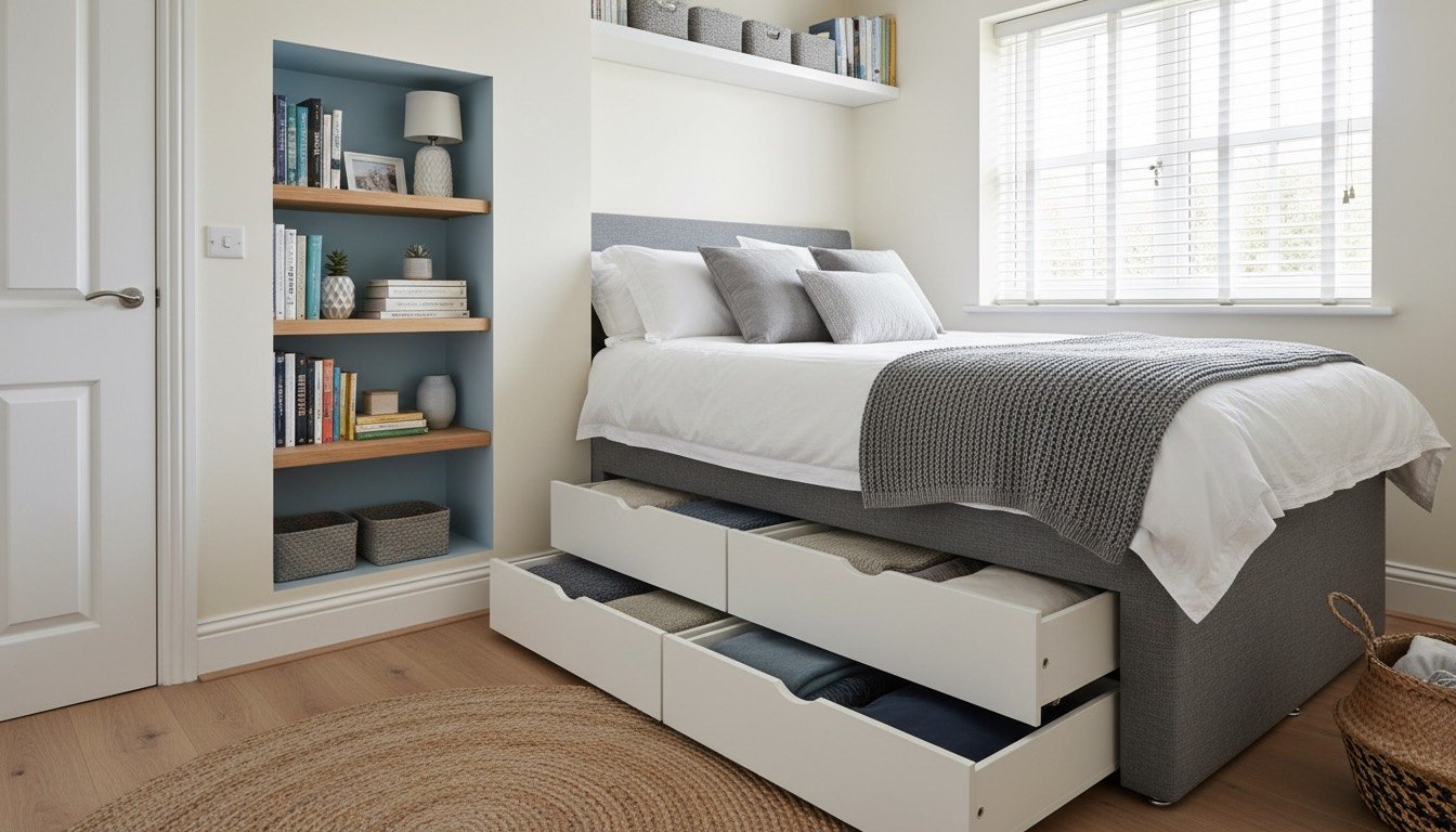 Compact UK bedroom with under-bed drawers and stylish alcove shelving