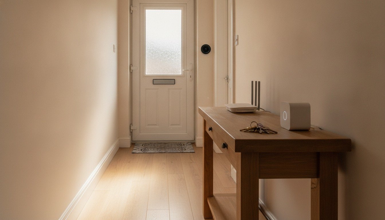 A UK hallway with a video doorbell on the door frame and a broadband router, smart hub and lock cylinder on a console table