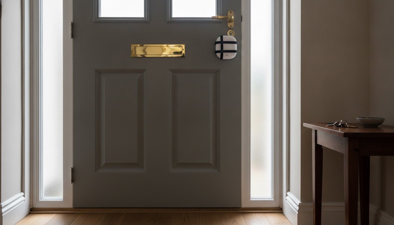 A composite front door on a UK terraced house with a euro cylinder lock and a retrofit smart lock module fitted over the inside thumbturn