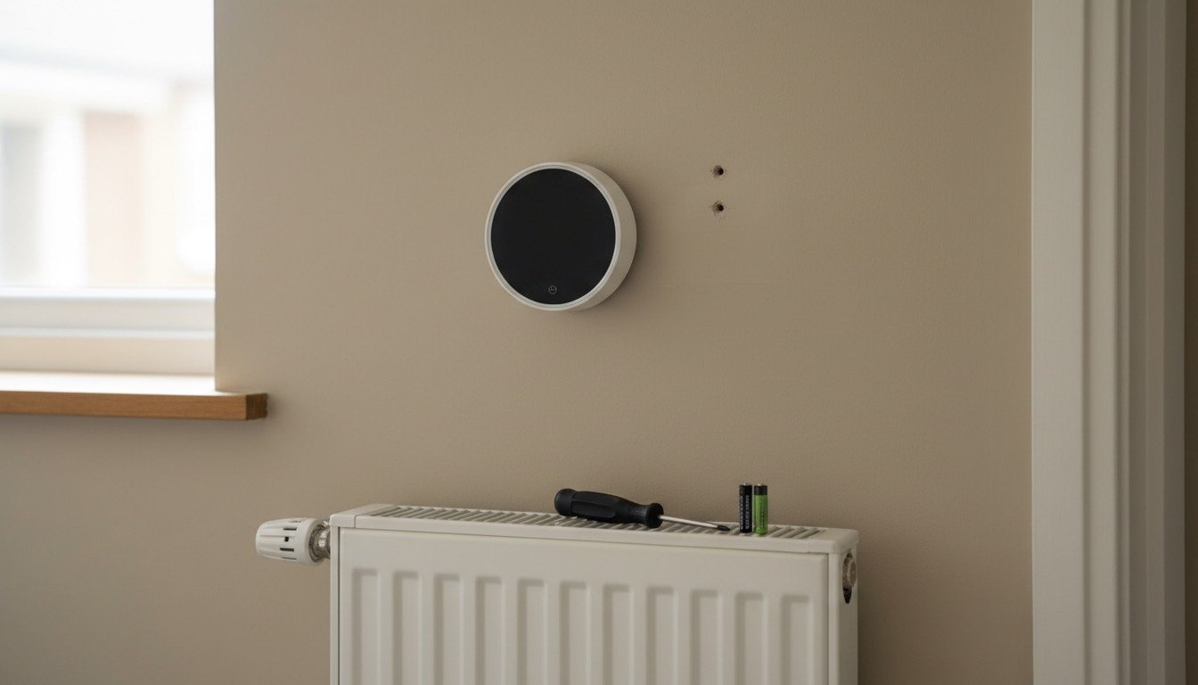 A wall-mounted round smart thermostat beside the paint shadow of an older rectangular programmable room thermostat in a UK hallway, with a radiator below