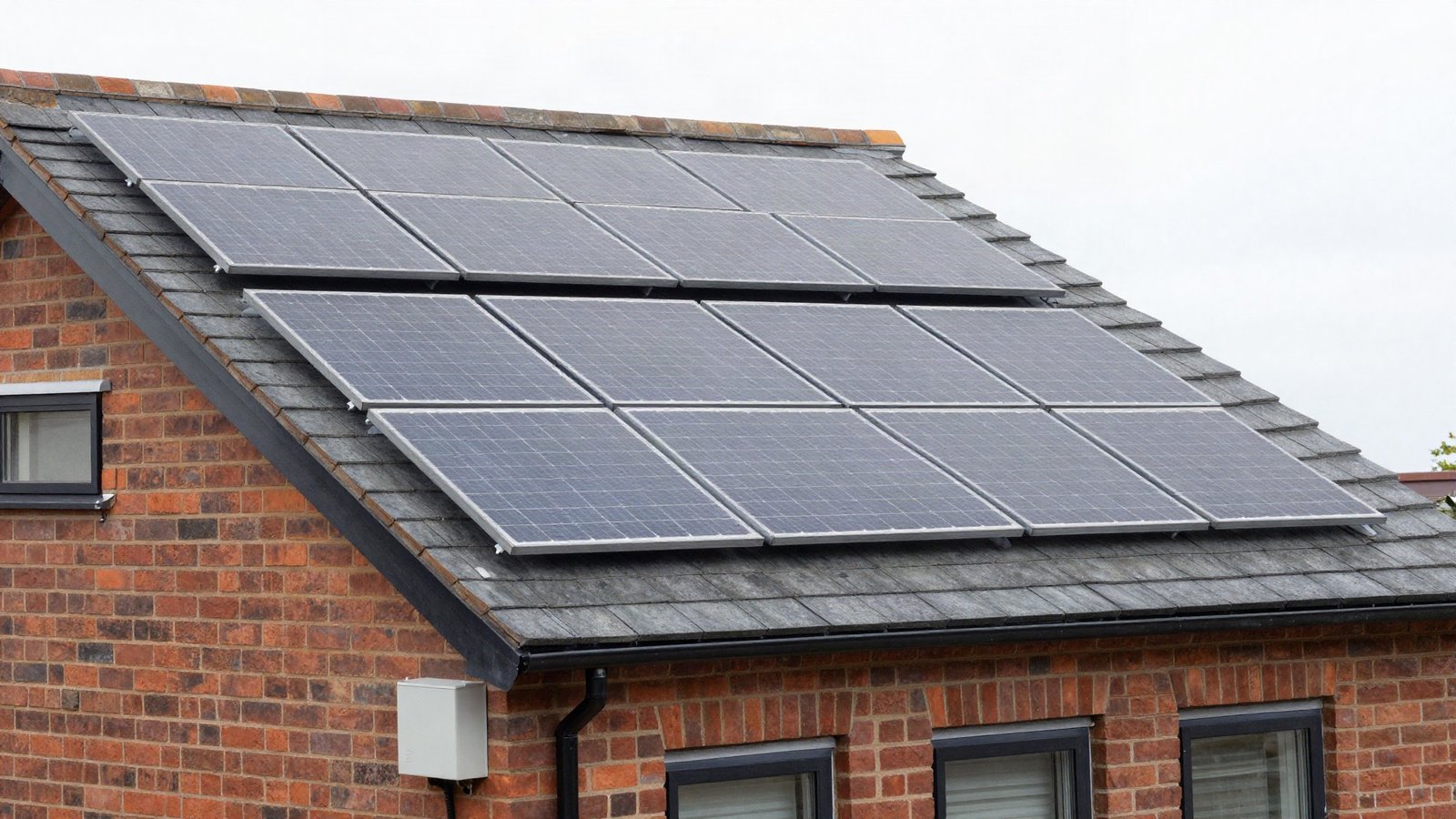 A British pitched roof with framed solar panels on one slope and dark integrated solar tiles on the other, with a wall-mounted inverter below
