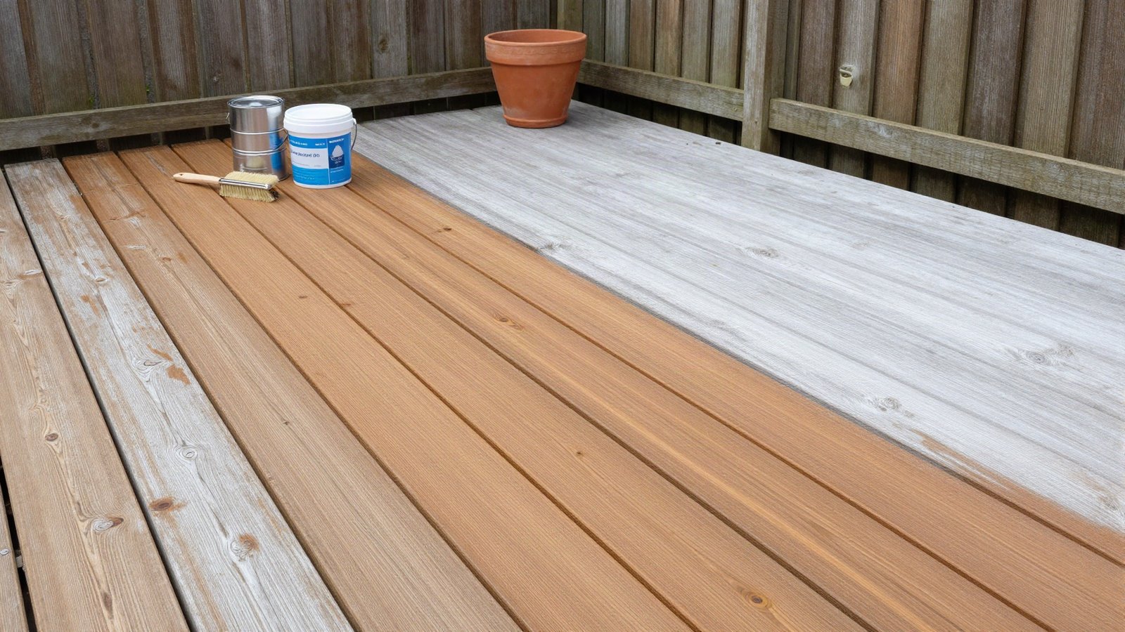 A weathered softwood garden deck part-coated in warm brown woodstain, with a brush, paint kettle and five-litre tin resting on the boards beside a lap fence panel